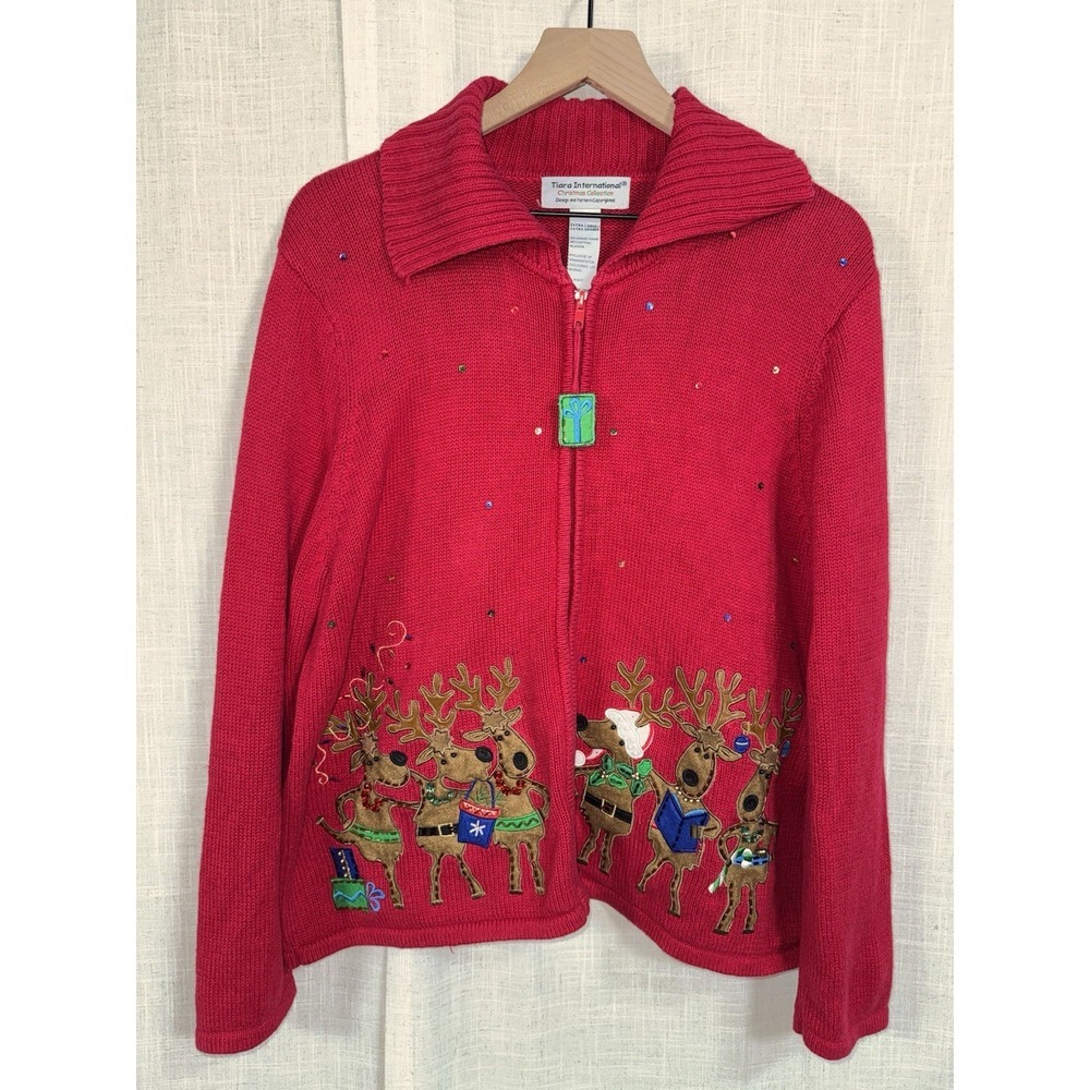 Vintage 90's Tiara‎ International Christmas Women's XL Cardigan Sweater Reindeer